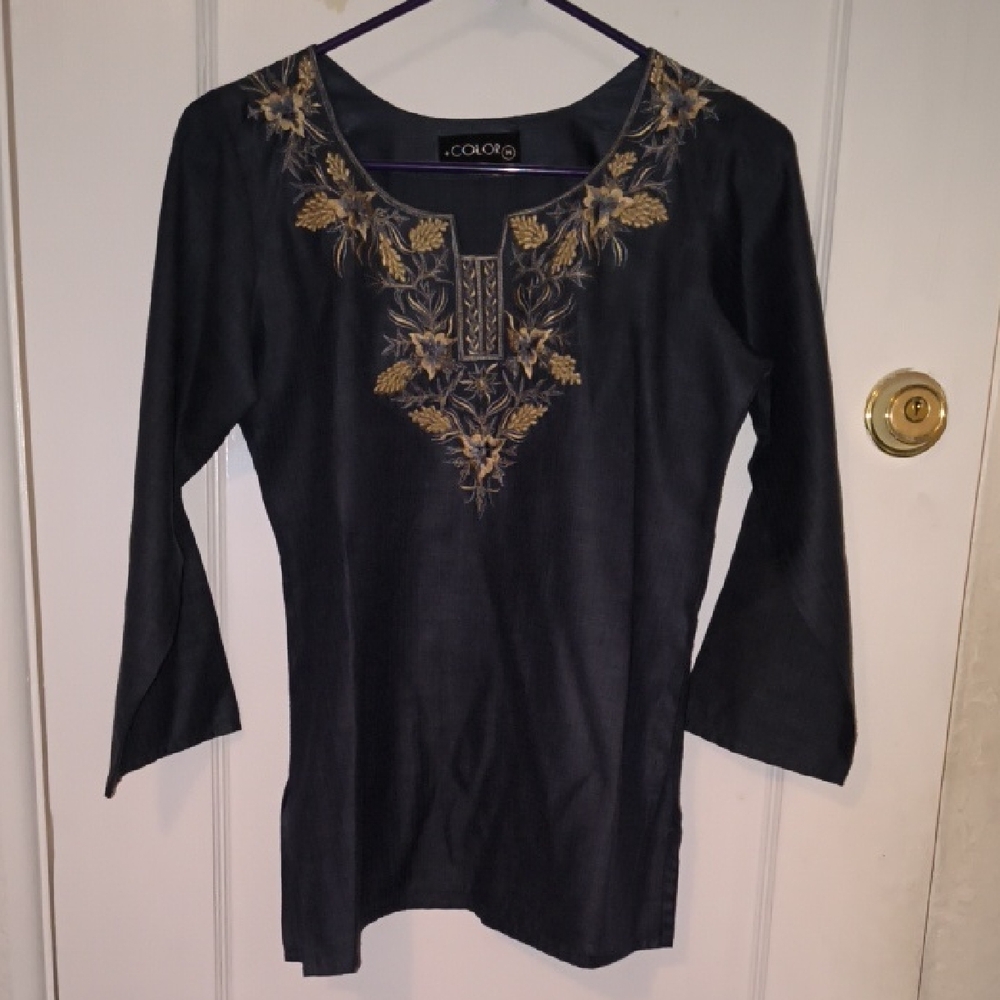 Color | Elegant Black Blouse with Gold Embroidery